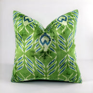 Handmade Velvet Throw Pillow With Green And Teal Ikat Design - High-Quality 20x20 Inch Decorative Accent With Premium Down Feather Insert