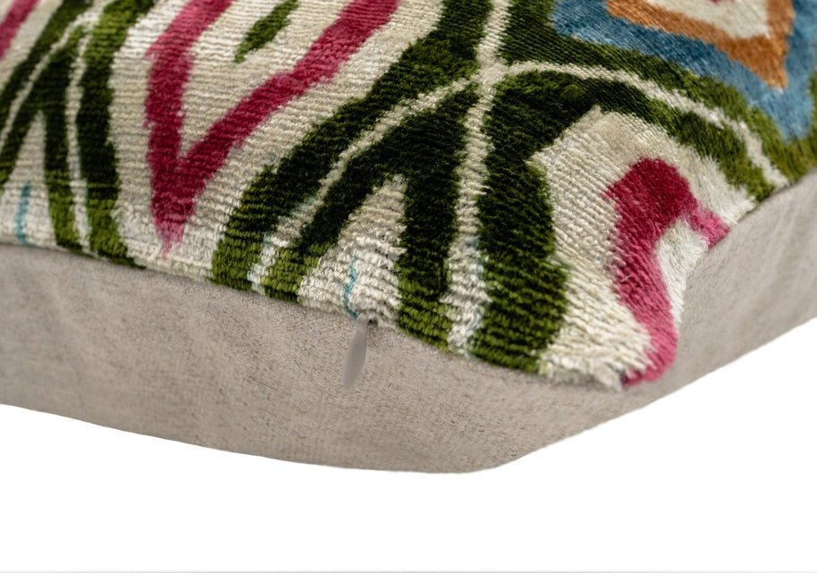 Handmade Velvet Throw Pillow With Multicolor Diamond Ikat Design - High-Quality 20x20 Inch Decorative Accent With Premium Down Feather Insert