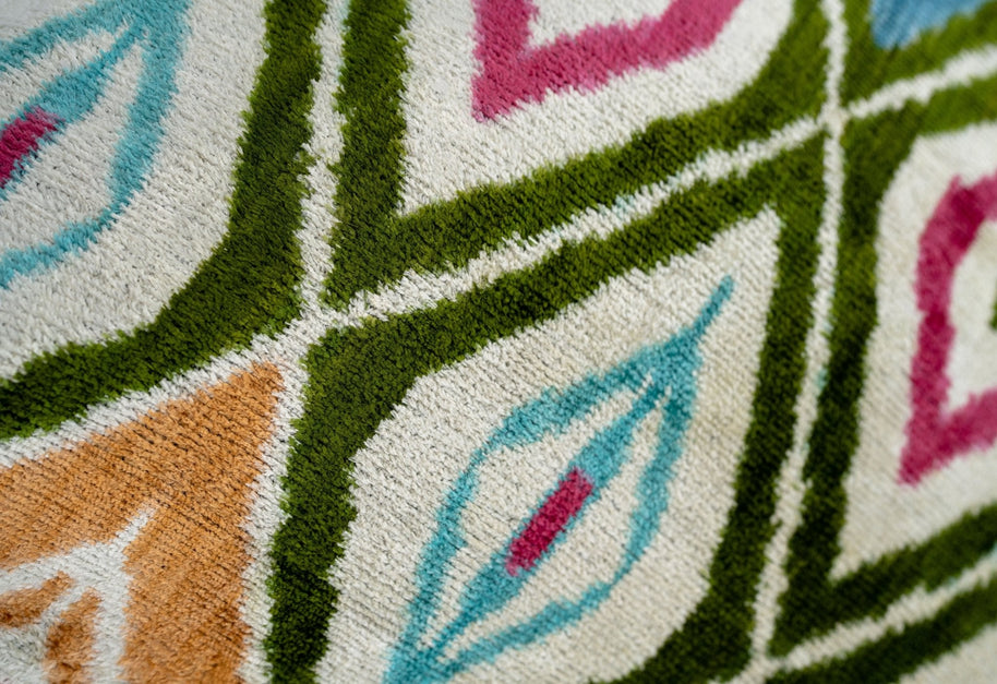 Handmade Velvet Throw Pillow With Multicolor Diamond Ikat Design - High-Quality 20x20 Inch Decorative Accent With Premium Down Feather Insert
