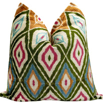 Handmade Velvet Throw Pillow With Multicolor Diamond Ikat Design - High-Quality 20x20 Inch Decorative Accent With Premium Down Feather Insert