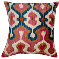 Handmade Velvet Throw Pillow With Pink, Blue, And Tan Ikat Design - High-Quality 20x20 Inch Decorative Accent With Premium Down Feather Insert