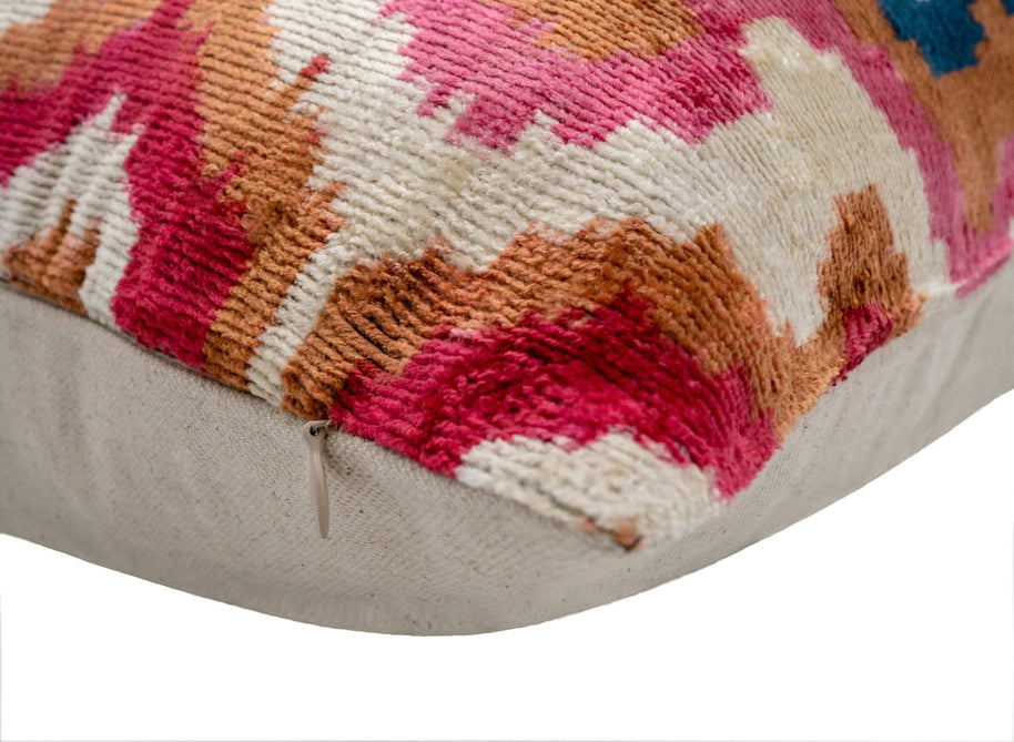 Handmade Velvet Throw Pillow With Pink, Blue, And Tan Ikat Design - High-Quality 20x20 Inch Decorative Accent With Premium Down Feather Insert