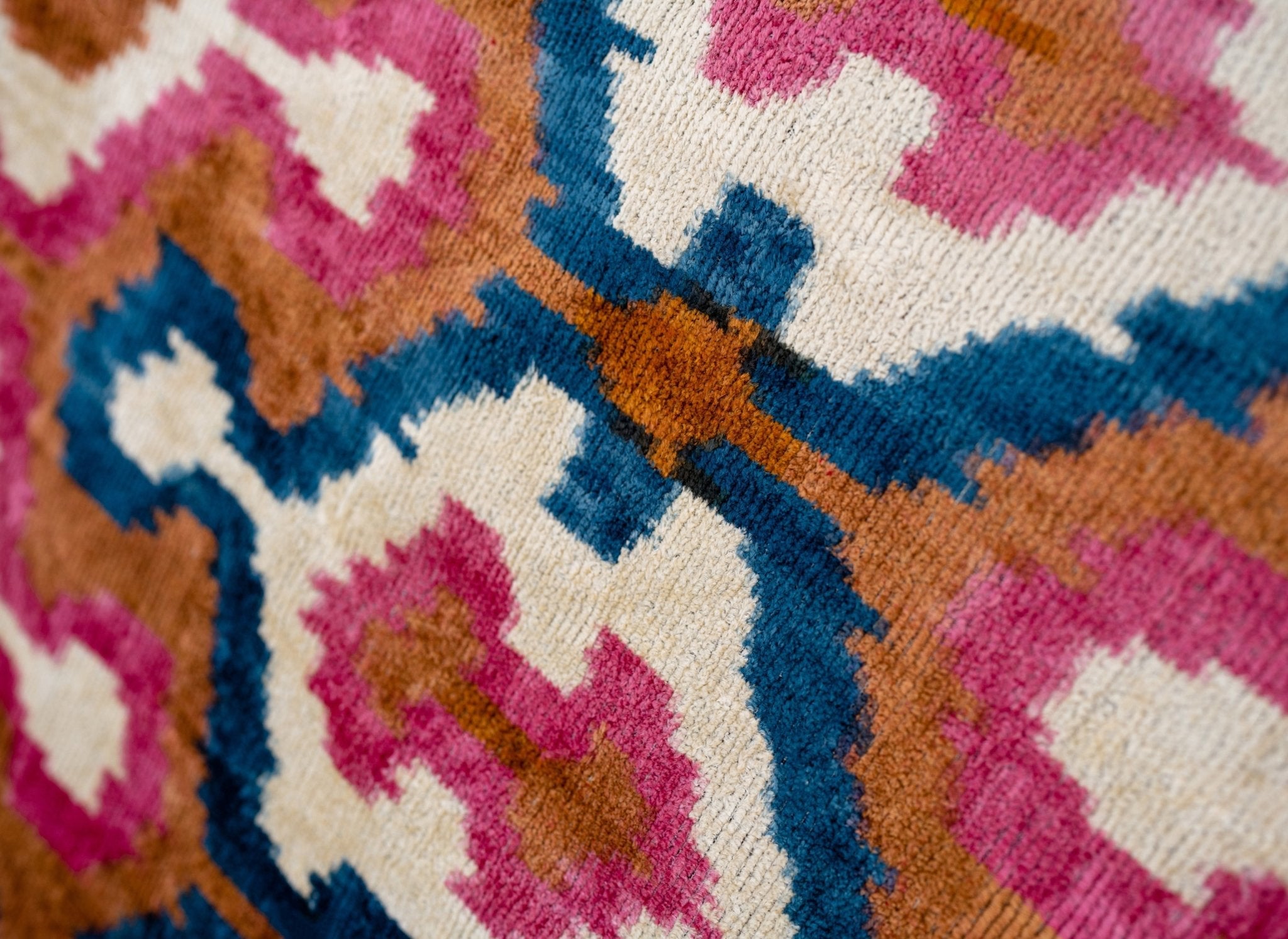 Handmade Velvet Throw Pillow With Pink, Blue, And Tan Ikat Design - High-Quality 20x20 Inch Decorative Accent With Premium Down Feather Insert