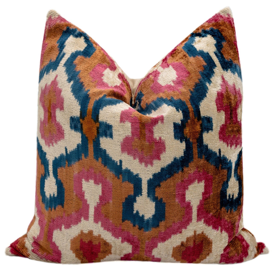 Handmade Velvet Throw Pillow With Pink, Blue, And Tan Ikat Design - High-Quality 20x20 Inch Decorative Accent With Premium Down Feather Insert