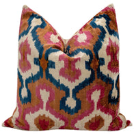 Handmade Velvet Throw Pillow With Pink, Blue, And Tan Ikat Design - High-Quality 20x20 Inch Decorative Accent With Premium Down Feather Insert