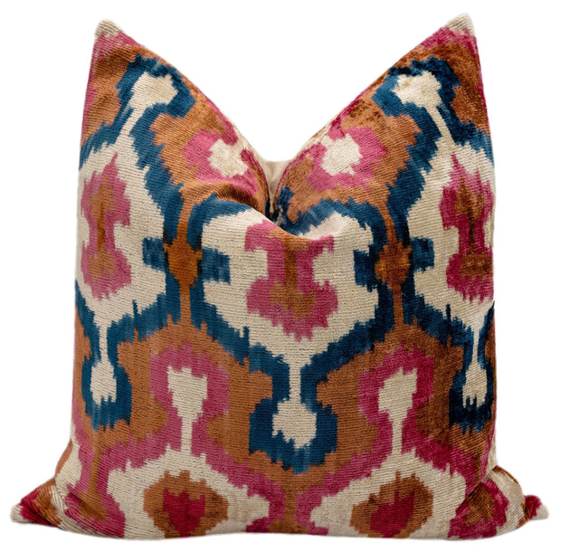 Handmade Velvet Throw Pillow With Pink, Blue, And Tan Ikat Design - High-Quality 20x20 Inch Decorative Accent With Premium Down Feather Insert