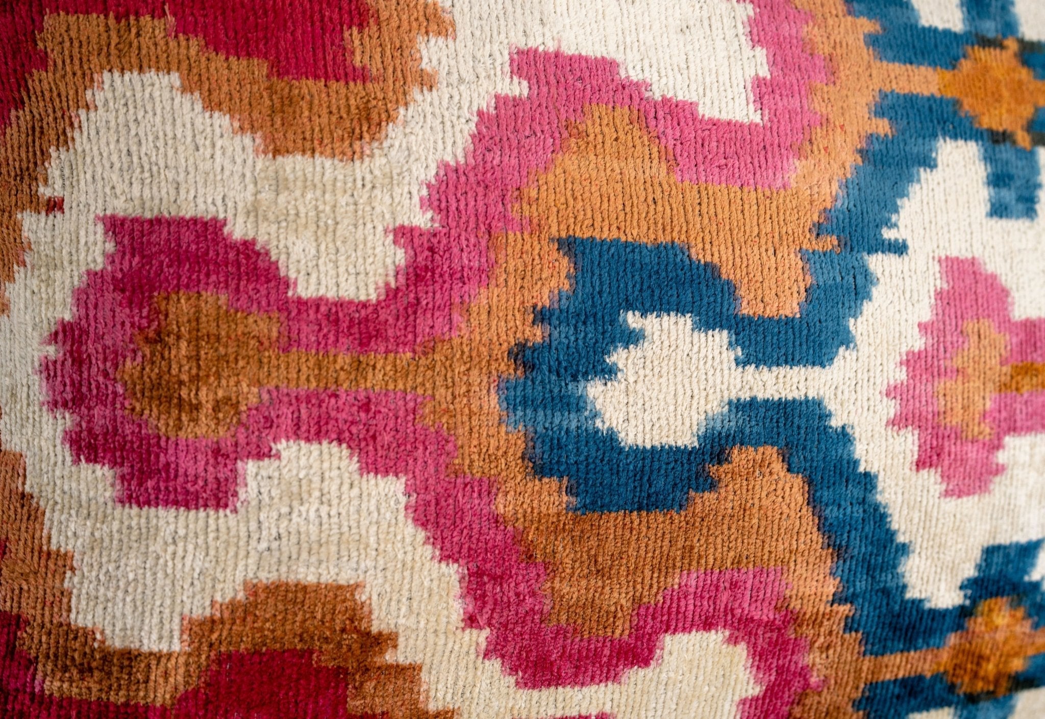 Handmade Velvet Throw Pillow With Pink, Blue, And Tan Ikat Design - High-Quality 20x20 Inch Decorative Accent With Premium Down Feather Insert