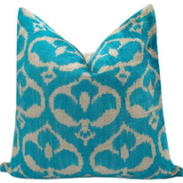 Handmade Velvet Throw Pillow With Turquoise And Beige Ikat Design - High-Quality 20x20 Inch Decorative Accent With Premium Down Feather Insert For Sofas, Couches, And Interior Design