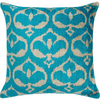 Handmade Velvet Throw Pillow With Turquoise And Beige Ikat Design - High-Quality 20x20 Inch Decorative Accent With Premium Down Feather Insert For Sofas, Couches, And Interior Design
