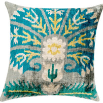 Handmade Velvet Throw Pillow With Turquoise And Yellow Ikat Design - High-Quality 20x20 Inch Decorative Accent With Premium Down Feather Insert