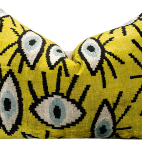 Handmade Yellowish Eye Design Throw Pillow - 16x24 Inch, Vegetable Dyed With Premium Down Feather Insert