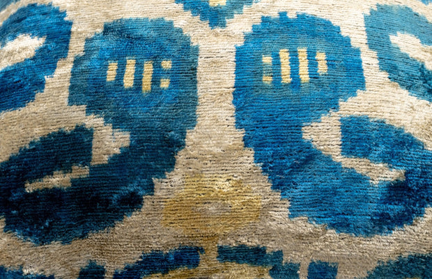 Luxurious 16x24 Handmade Ikat Silk Velvet Pillow With Premium Down Feather Insert By Canvello – Rich Blue And Gold Motifs
