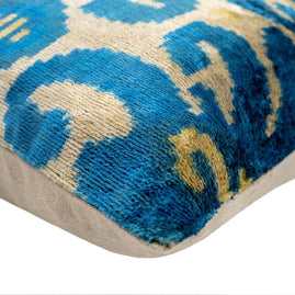 Luxurious 16x24 Handmade Ikat Silk Velvet Pillow With Premium Down Feather Insert By Canvello – Rich Blue And Gold Motifs