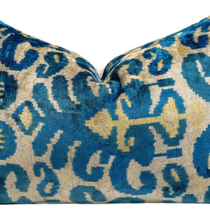 Luxurious 16x24 Handmade Ikat Silk Velvet Pillow With Premium Down Feather Insert By Canvello – Rich Blue And Gold Motifs