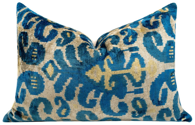Luxurious 16x24 Handmade Ikat Silk Velvet Pillow With Premium Down Feather Insert By Canvello – Rich Blue And Gold Motifs