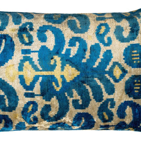 Luxurious 16x24 Handmade Ikat Silk Velvet Pillow With Premium Down Feather Insert By Canvello – Rich Blue And Gold Motifs