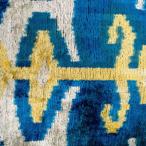 Luxurious 16x24 Handmade Ikat Silk Velvet Pillow With Premium Down Feather Insert By Canvello – Rich Blue And Gold Motifs