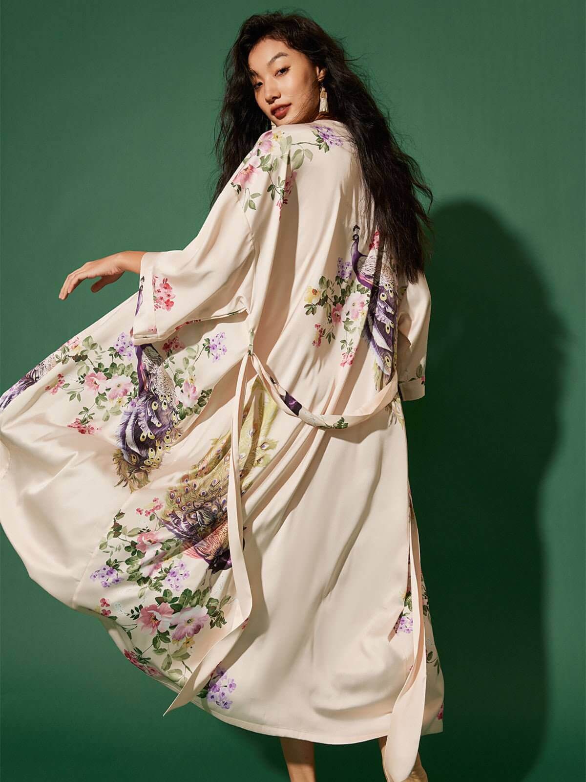 Ulivary Peacock Beige Kimono Robe