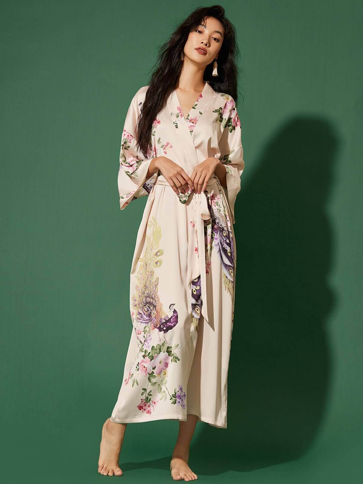 Ulivary Peacock Beige Kimono Robe
