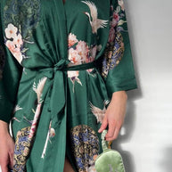 Ulivary Garden Crane Green Kimono Robe