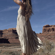 Reistor Strappy Tiered Maxi Dress in Beige Stripes