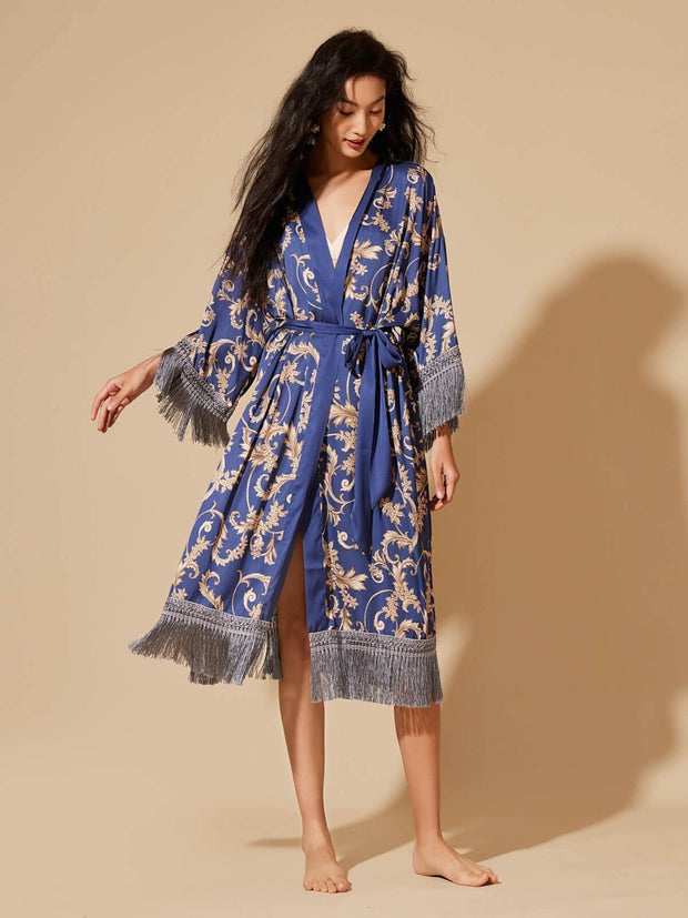 Ulivary Tassels Blue Kimono Robe