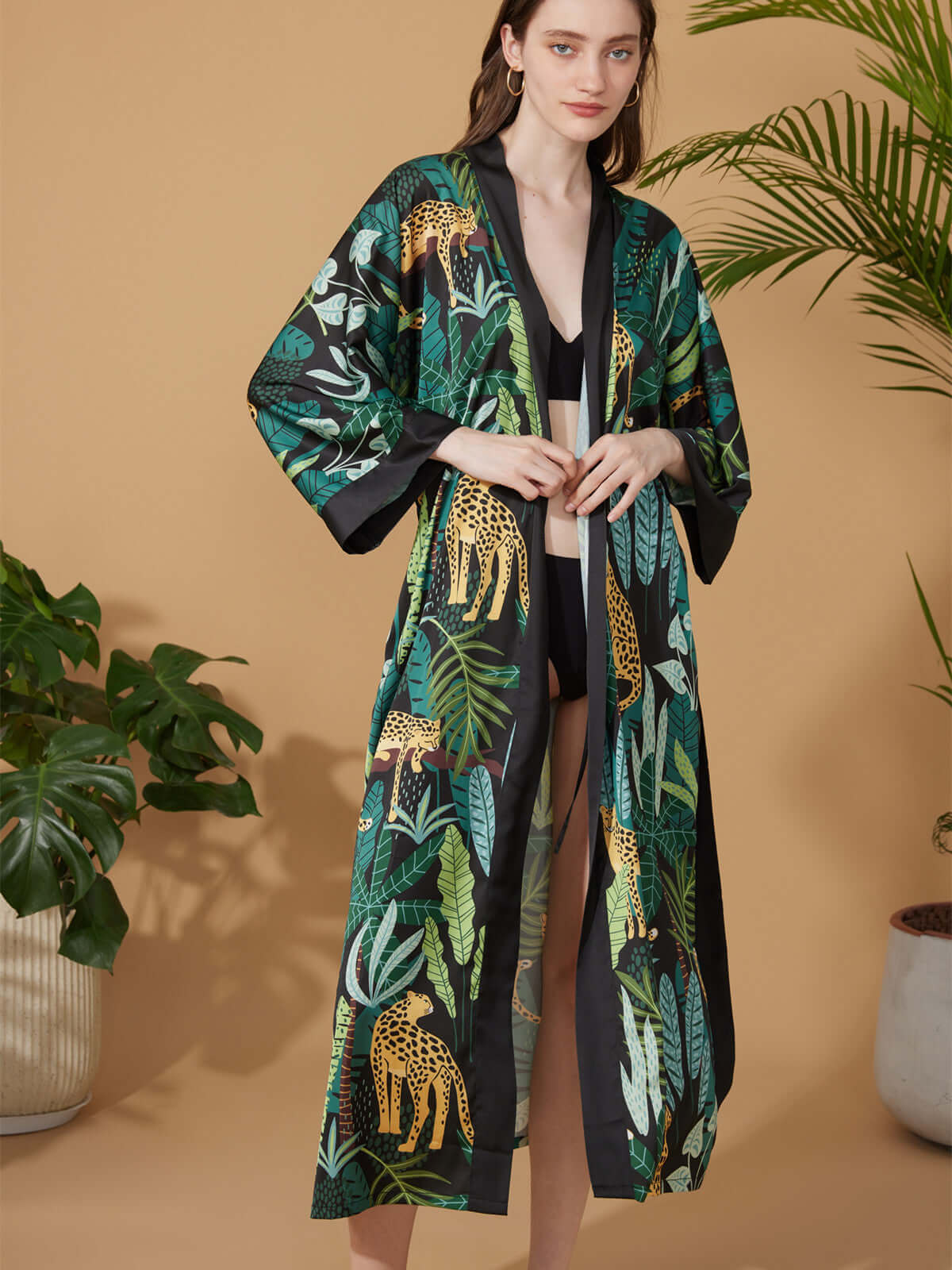 Ulivary Black Leopard Kimono Robe