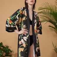 Ulivary Short Kimono Robe Black Leopard