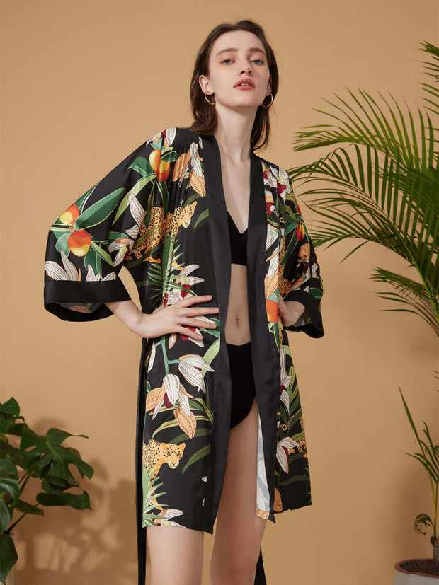 Ulivary Short Kimono Robe Black Leopard
