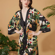 Ulivary Short Kimono Robe Black Leopard