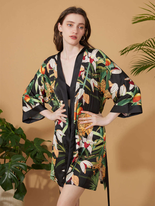 Ulivary Short Kimono Robe Black Leopard