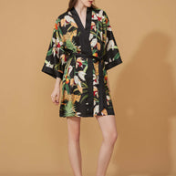 Ulivary Short Kimono Robe Black Leopard