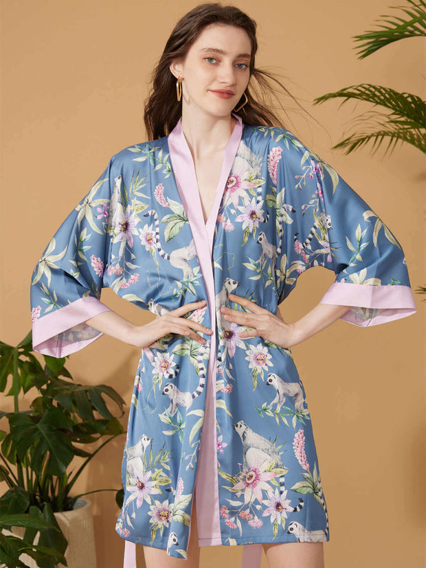 Ulivary Short Kimono Robe Blue Forest