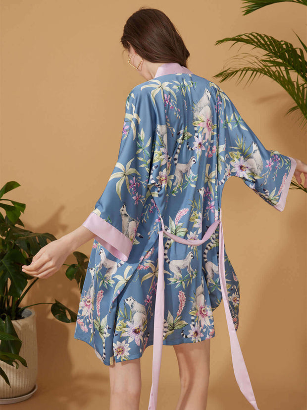 Ulivary Short Kimono Robe Blue Forest
