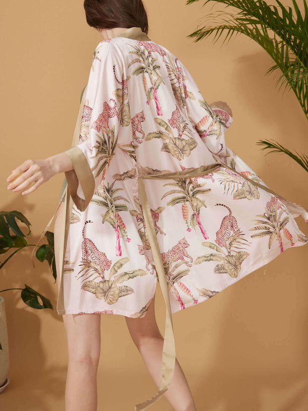 Ulivary Short Kimono Robe Olive Leopard