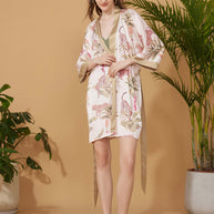 Ulivary Short Kimono Robe Olive Leopard