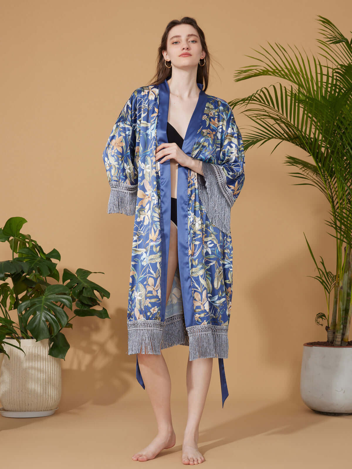 Ulivary Tassels Floral Kimono Robe