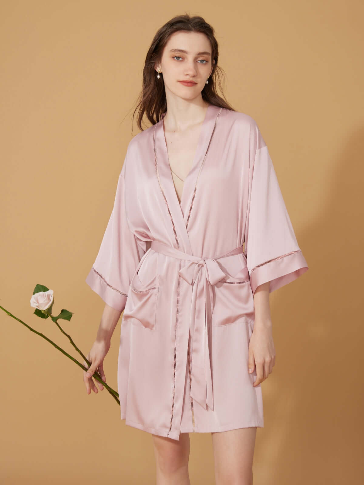 Ulivary Elegant Hollow Out Detail Short Robe With Pockets