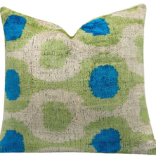 Vibrant 16x16 Handmade Ikat Silk Velvet Pillow With Premium Down Feather Insert By Canvello – Lively Green And Blue Hues