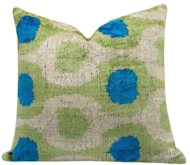 Vibrant 16x16 Handmade Ikat Silk Velvet Pillow With Premium Down Feather Insert By Canvello – Lively Green And Blue Hues