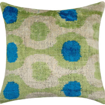 Vibrant 16x16 Handmade Ikat Silk Velvet Pillow With Premium Down Feather Insert By Canvello – Lively Green And Blue Hues