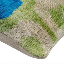 Vibrant 16x16 Handmade Ikat Silk Velvet Pillow With Premium Down Feather Insert By Canvello – Lively Green And Blue Hues