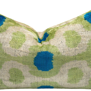 Vibrant 16x24 Handmade Ikat Silk Velvet Pillow With Premium Down Feather Insert By Canvello – Lively Green And Blue Hues