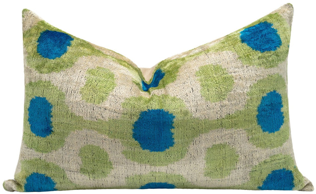 Vibrant 16x24 Handmade Ikat Silk Velvet Pillow With Premium Down Feather Insert By Canvello – Lively Green And Blue Hues