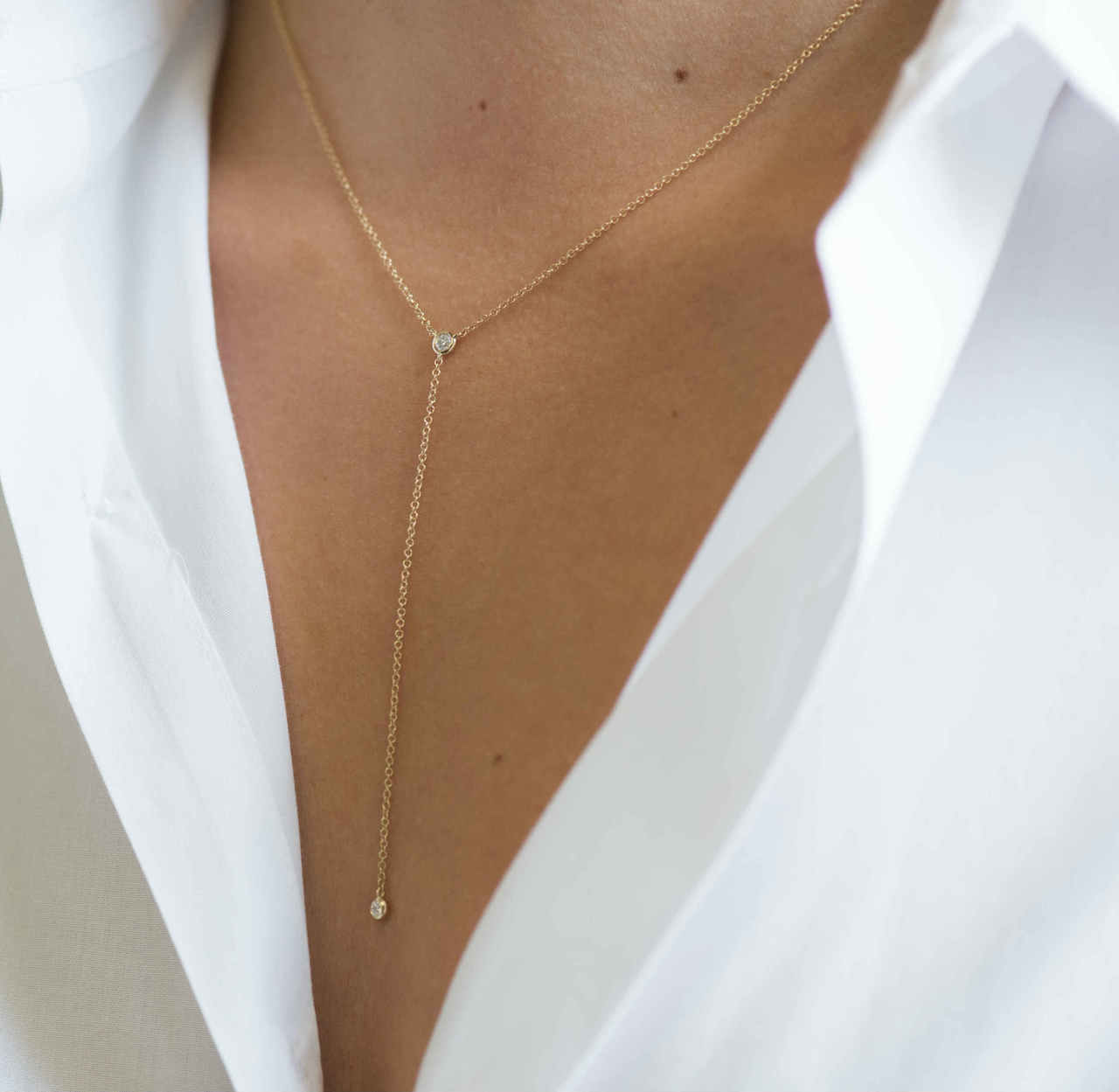 Zoe Lev 14k Gold Bezel Diamond Lariat Necklace